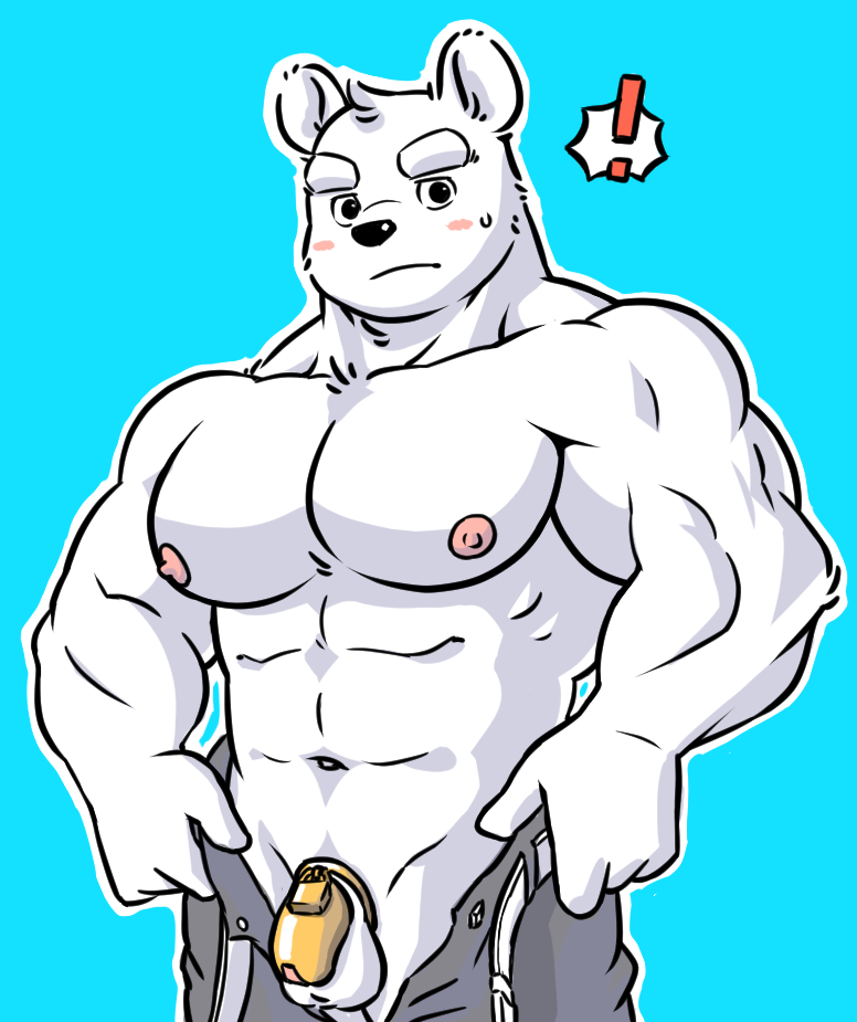 anthro areola balls bear blush chastity_cage chastity_device exclamation_point eyebrows genitals male mammal muscular muscular_anthro muscular_male navel nipples pecs solo witherrose1