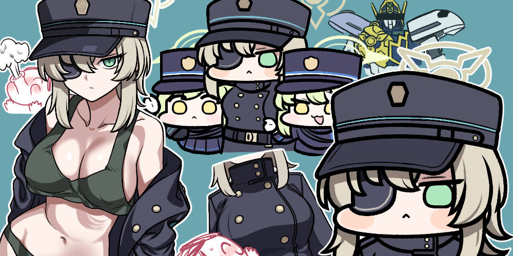 3girls :&lt; :3 armband bare_shoulders belt black_belt black_hat black_jacket blue_archive blue_background blue_hat blue_jacket blush blush_stickers bra breasts brown_hair buttons censored chibi closed_mouth commentary_request doodle_sensei_(blue_archive) double-breasted eyepatch green_bra green_eyes green_hair green_halo green_panties hair_between_eyes halo hat hikari_(blue_archive) identity_censor jacket jazz_jack kepi large_breasts looking_at_viewer mecha medium_hair might_gaine military_hat multiple_girls navel nozomi_(blue_archive) off_shoulder one_eye_covered open_clothes open_jacket open_mouth panties robot sensei_(blue_archive) side-by-side smile suou_(blue_archive) super_robot train_conductor underwear yellow_eyes yuusha_series yuusha_tokkyuu_might_gaine