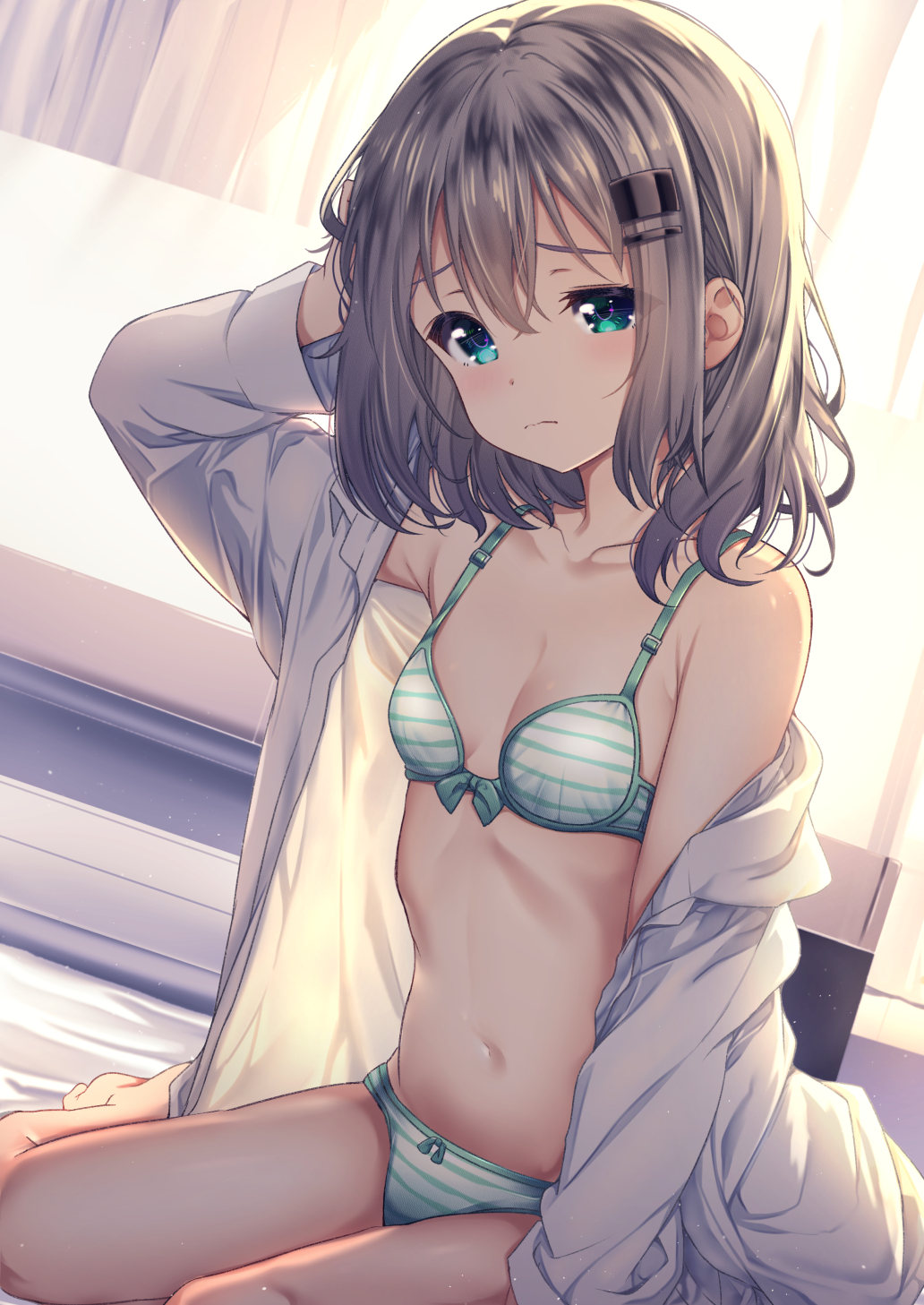 1girl arm_behind_head arm_up bare_shoulders barefoot bed_sheet blue_eyes blush bow bow_bra bow_panties bra breasts closed_mouth collarbone collared_shirt commentary_request curtains dress_shirt grey_hair hair_between_eyes hair_ornament hairclip highres looking_at_viewer mad_(hazukiken) navel off_shoulder open_clothes open_shirt panties shirt sitting small_breasts solo striped_bra striped_clothes striped_panties underwear wariza white_bra white_panties white_shirt yama_no_susume yukimura_aoi