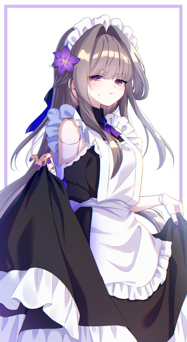 1girl alternate_costume apron bare_shoulders black_dress blush brown_hair chieezuik closed_mouth doll_joints dress enmaided fingernails flower frilled_dress frills hair_flower hair_intakes hair_ornament half_updo herta_(honkai:_star_rail) honkai:_star_rail honkai_(series) joints long_hair looking_at_viewer maid maid_apron maid_headdress nail_polish purple_eyes purple_flower purple_nails simple_background skirt_hold solo sweat white_apron white_background white_headdress