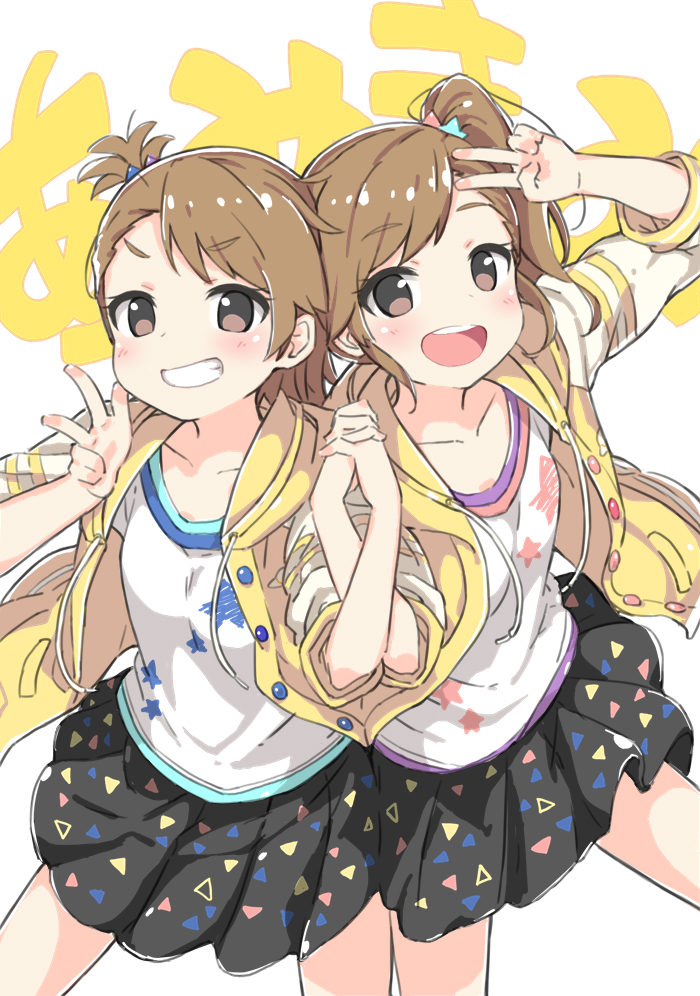 2girls asymmetrical_bangs black_shirt blush breasts brown_eyes brown_hair character_name collarbone cowboy_shot dot_nose eyelashes forehead futami_ami futami_mami grin holding_hands hood hoodie idolmaster idolmaster_(classic) idolmaster_million_live! idolmaster_million_live!_theater_days interlocked_fingers kuresuku_(lessons) looking_at_viewer medium_hair multiple_girls pocket shirt side_ponytail sidelocks simple_background small_breasts smile teeth upper_teeth_only v v-shaped_eyebrows w white_background white_shirt yellow_hood yellow_hoodie