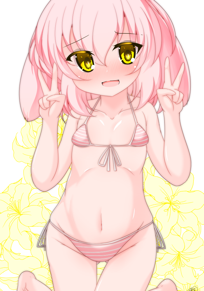 1girl :d animal_ears bare_arms bare_shoulders barefoot bikini blush breasts commentary_request double_v floppy_ears floral_background flower front-tie_bikini_top front-tie_top groin hair_between_eyes hands_up kanijiru kneeling knees_together_feet_apart micro_bikini navel nose_blush original pink_hair rabbit_ears side-tie_bikini_bottom signature simple_background small_breasts smile solo striped_bikini striped_clothes swimsuit v white_background yellow_eyes yellow_flower