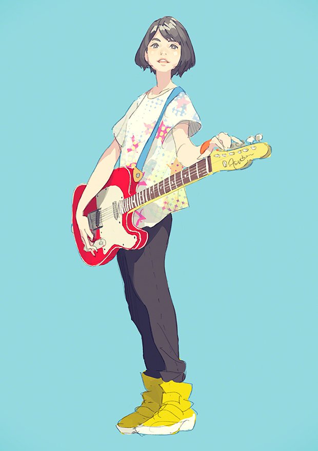 1girl bare_arms black_eyes black_hair black_pants blue_background bracelet bright_pupils electric_guitar fender_stratocaster full_body guitar holding holding_instrument instrument jewelry looking_at_viewer multicolored_shirt open_mouth original pants pomodorosa shirt shoes short_hair simple_background solo standing star_(symbol) star_print teeth upper_teeth_only white_pupils white_shirt yellow_footwear