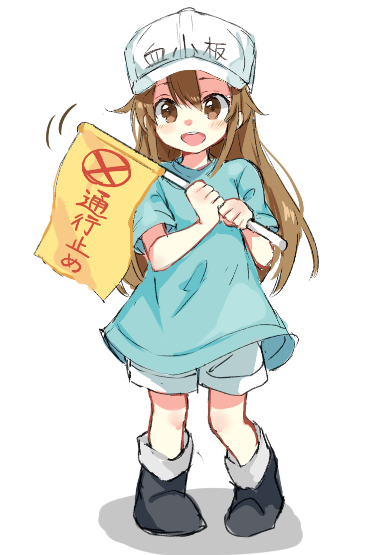 1girl blush boots brown_eyes brown_hair child flag full_body hat hataraku_saibou holding holding_flag long_hair open_mouth paragasu_(parags112) platelet_(hataraku_saibou) shirt short_sleeves shorts sketch smile solo translation_request upper_body