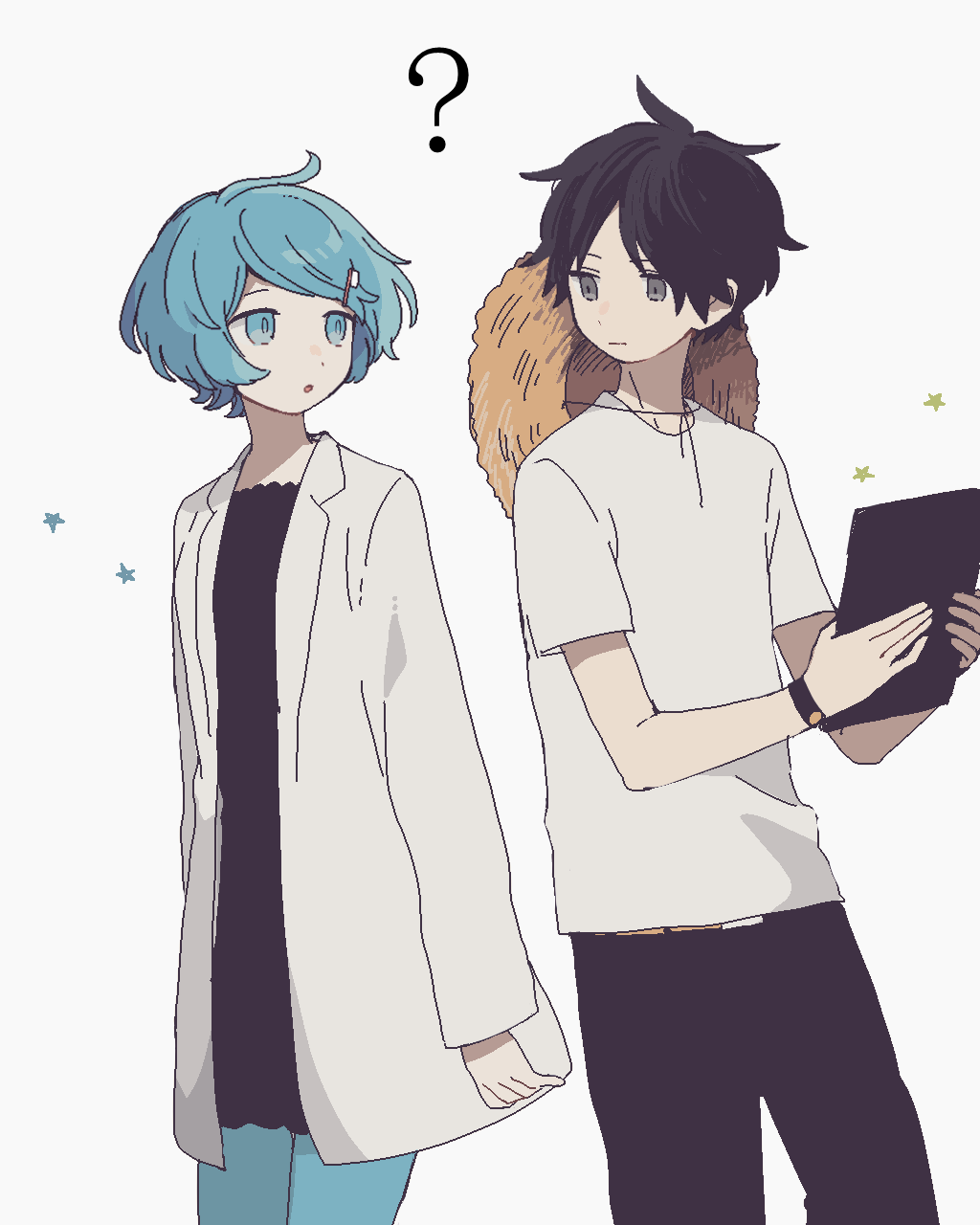 1boy 1girl ? black_hair blue_eyes blue_hair book bracelet coat dress grey_eyes hair_ornament hat_on_back highres holding holding_book jewelry long_sleeves looking_at_another maco22 original pants pantyhose shirt short_hair short_sleeves star_(symbol) t-shirt