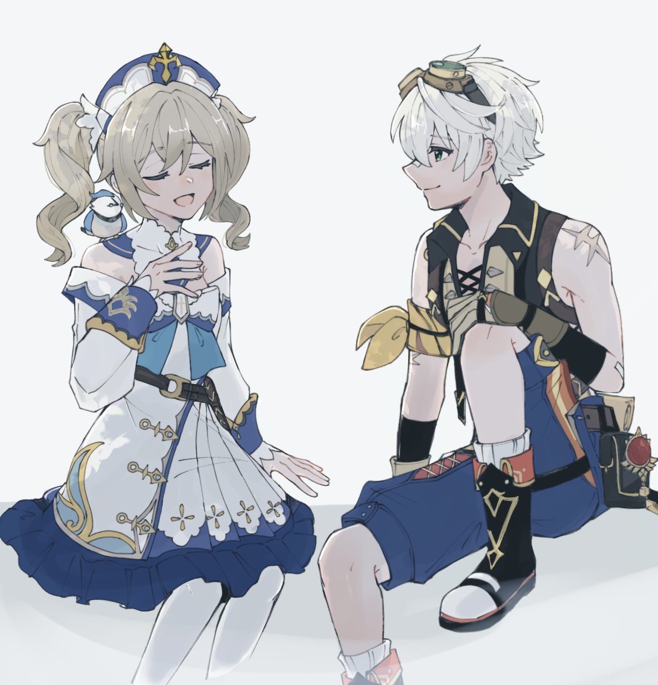 1boy 1girl :d animal_on_shoulder arm_scarf arm_support bandaid bandaid_on_arm bandaid_on_face bandaid_on_nose barbara_(genshin_impact) belt belt_pouch bennett_(genshin_impact) bird bird_on_shoulder black_footwear blonde_hair blue_shorts blush boots bow brown_belt brown_gloves brown_shirt closed_eyes closed_mouth collarbone collared_shirt commentary_request cross cross_print detached_collar detached_sleeves dress drill_hair eme_(eme_gs31) eyelashes fold-over_boots frilled_dress frills genshin_impact gloves goggles goggles_on_head green_eyes hair_between_eyes hand_up hat highres knee_up long_sleeves looking_at_another looking_to_the_side medium_hair music open_mouth pantyhose pouch ribbed_socks scar scar_on_arm scar_on_shoulder scroll shirt short_hair shorts sidelocks simple_background singing sitting sleeve_cuffs sleeveless sleeveless_shirt smile socks strapless strapless_dress twin_drills u_u vision_(genshin_impact) white_background white_bow white_dress white_hair white_hat white_pantyhose white_sleeves white_socks