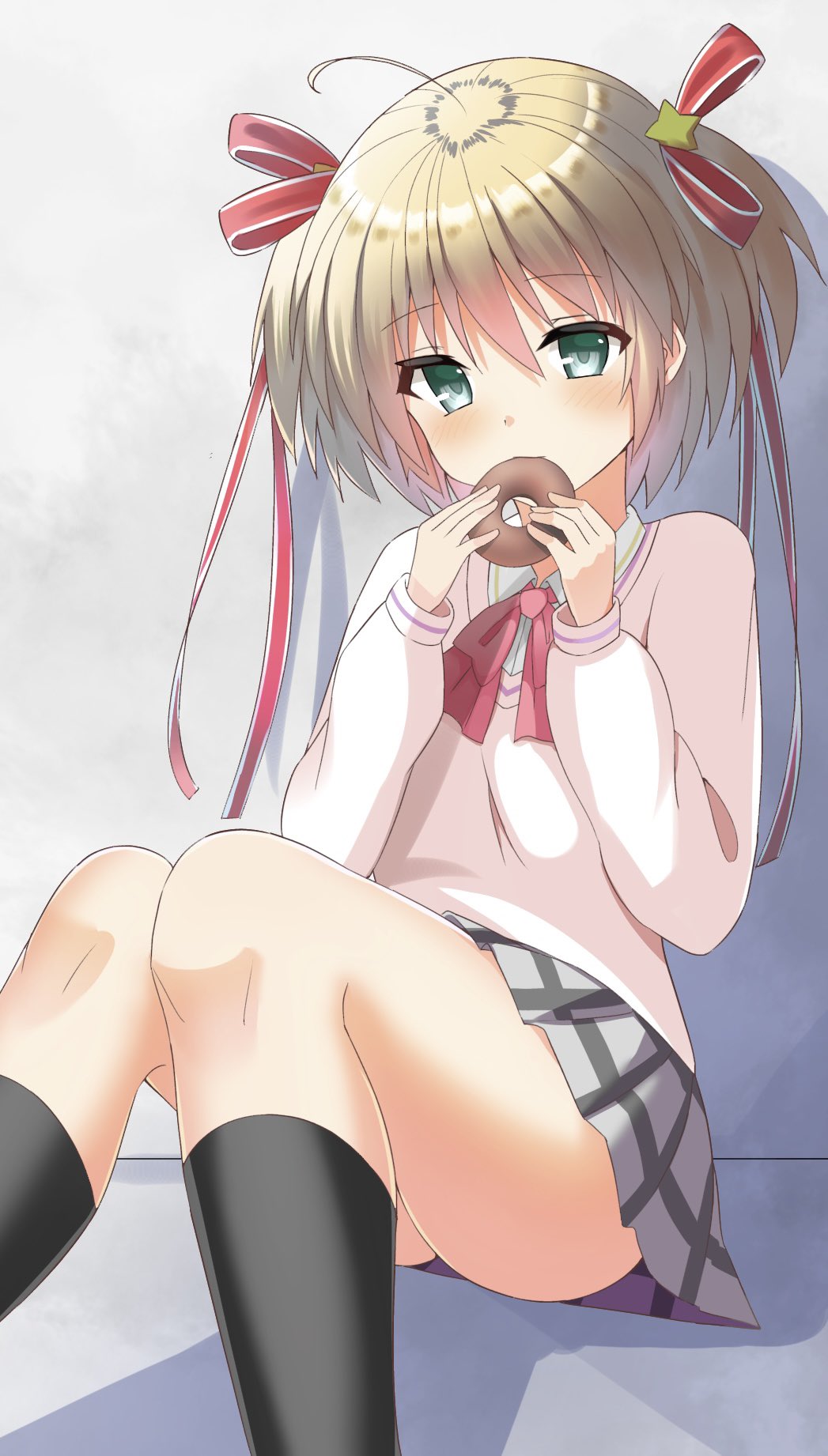 1girl black_thighhighs blonde_hair blue_eyes blush bow commentary doughnut eating food hair_ornament hair_ribbon highres kamikita_komari little_busters! little_busters!_school_uniform pink_bow plaid plaid_skirt ribbon school_uniform short_hair skirt solo star_(symbol) thighhighs twintails yoanium