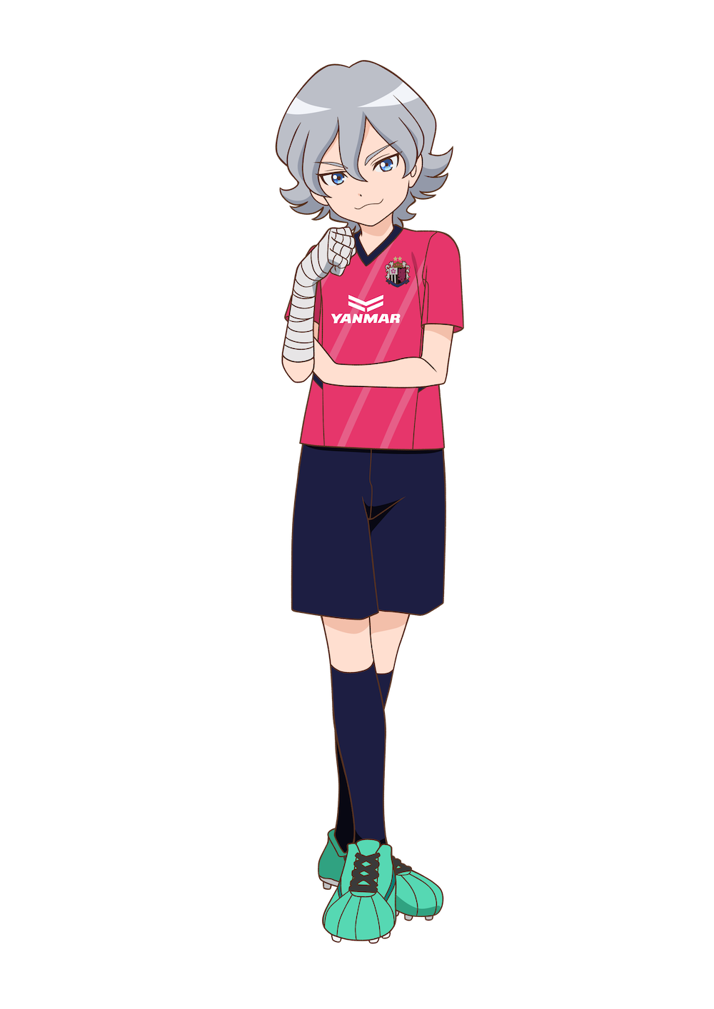 1boy :3 archived_source bandaged_arm bandages black_shorts black_socks blue_eyes cerezo_osaka cleats clothes_writing diagonal-striped_shirt digimon digimon_ghost_game green_footwear grey_hair higashimitarai_kiyoshiro highres kneehighs looking_at_viewer official_art pink_shirt shirt shorts simple_background soccer_uniform socks solo sportswear standing transparent_background