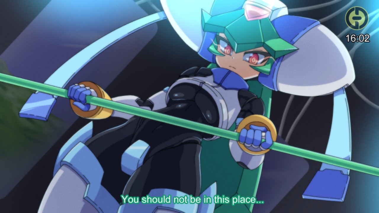 1girl android armor black_bodysuit bodysuit bodysuit_under_clothes boots breasts crop_top english_text eye_trail forehead_jewel from_below godichi green_hair holding holding_staff light_trail long_hair looking_down medium_breasts mega_man_(series) mega_man_zx model_w_(mega_man) pandora_(mega_man) power_armor red_eyes robot_girl solo staff subtitled thigh_boots timestamp underboob white_armor white_helmet