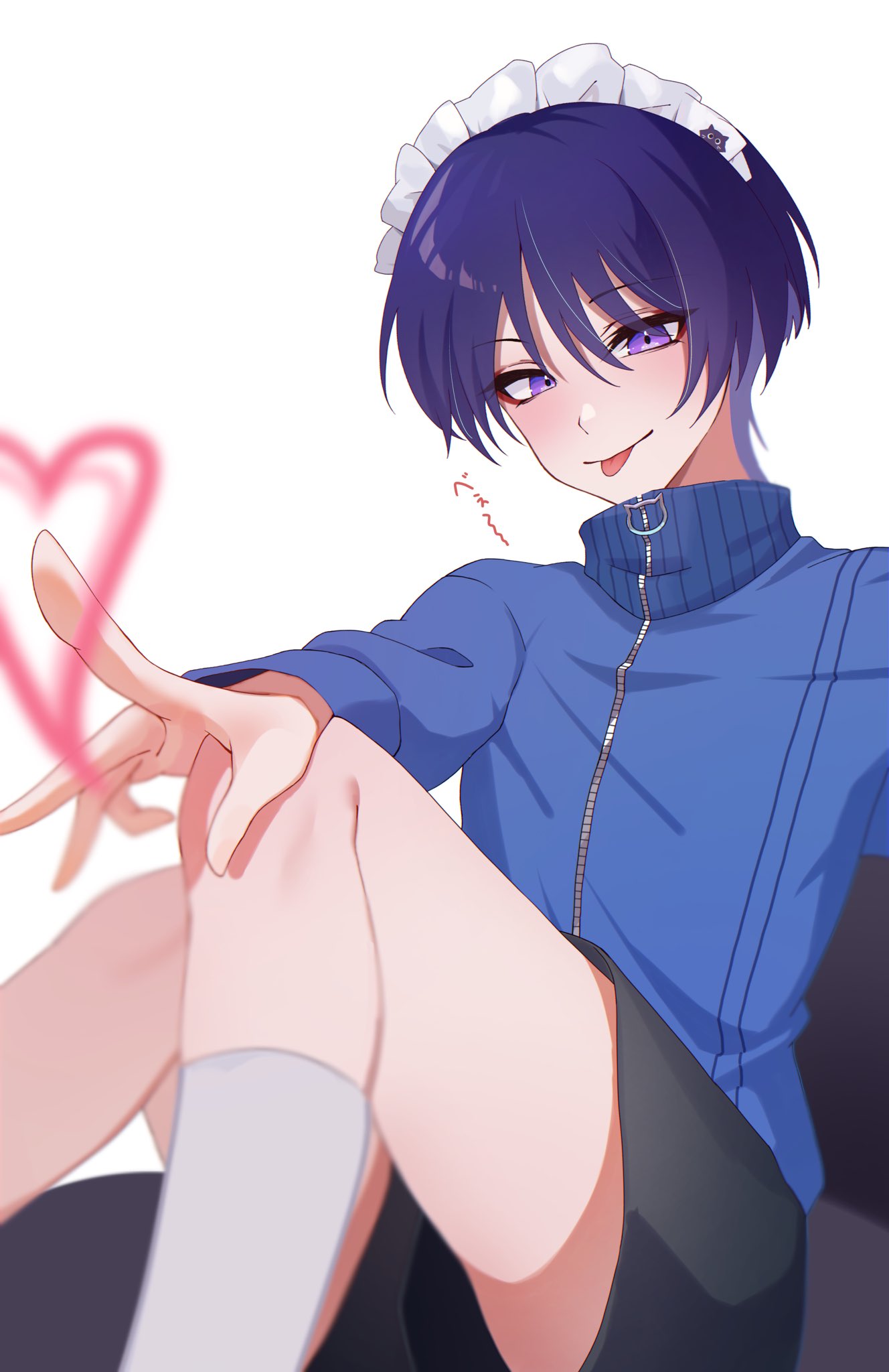 1boy androgynous black_shorts blue_jacket blush chobonu feet_out_of_frame genshin_impact hair_between_eyes hand_on_own_knee heart highres jacket knees_up long_sleeves looking_at_viewer maid_headdress male_focus pointing purple_eyes purple_hair scaramouche_(genshin_impact) short_hair shorts simple_background smile socks thighs tongue tongue_out wanderer_(genshin_impact) white_background white_socks zipper