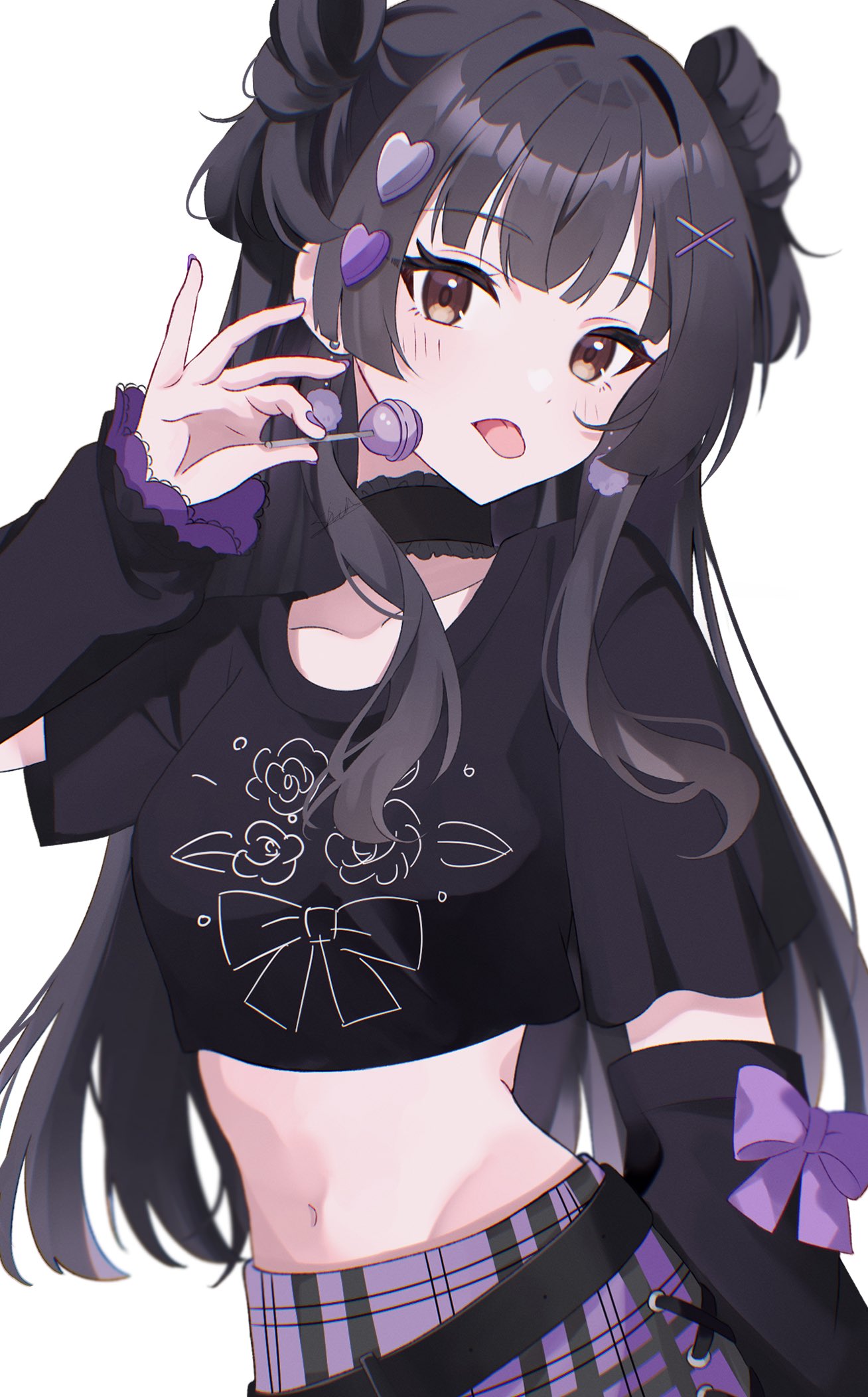 1girl :p belt black_hair black_shirt blush candy cropped_shirt detached_sleeves fingernails food groin hair_ornament heart heart_hair_ornament highres holding holding_candy holding_food holding_lollipop idolmaster idolmaster_shiny_colors lollipop long_hair looking_at_viewer loose_belt mayuzumi_fuyuko midriff nail_polish navel purple_skirt shirt shu10 simple_background skirt solo stomach tongue tongue_out very_long_hair white_background