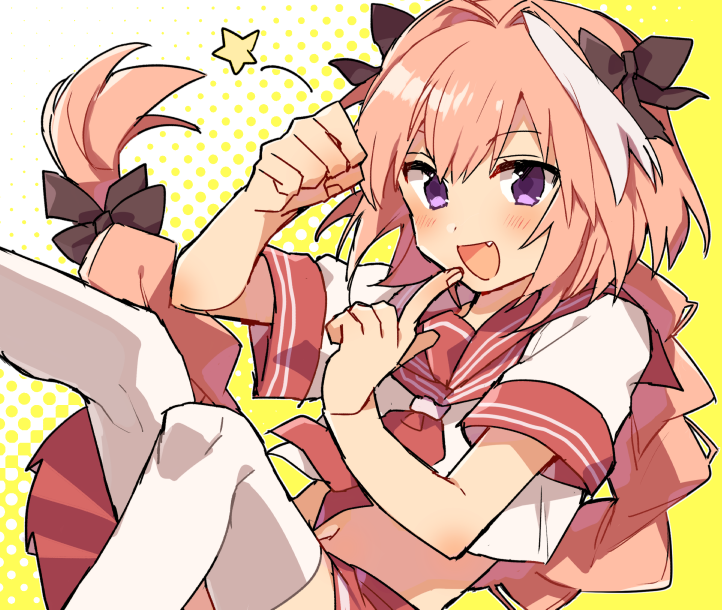 1boy astolfo_(fate) astolfo_(sailor_paladin)_(fate) black_bow blush bow braid clenched_hand fang fate/apocrypha fate/grand_order fate_(series) finger_to_mouth hair_bow hair_ribbon long_braid long_hair male_focus midriff multicolored_hair navel neckerchief official_alternate_costume open_mouth otoko_no_ko pink_hair ponpoko protected_link purple_eyes red_neckerchief red_sailor_collar red_skirt ribbon sailor_collar school_uniform serafuku shirt short_sleeves single_braid skirt smile solo star_(symbol) streaked_hair thighhighs two-tone_hair very_long_hair white_hair white_shirt white_thighhighs