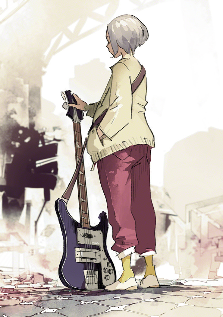 1girl bass_guitar blurry blurry_background fender_precision_bass grey_hair hand_in_pocket instrument long_sleeves original pants pomodorosa profile red_pants shoes short_hair signature socks solo standing sweater tile_floor tiles white_footwear yellow_socks