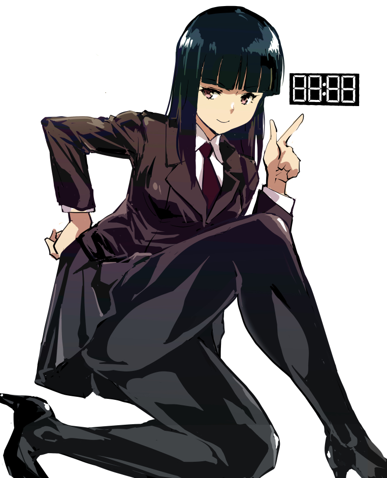 1girl black_hair blunt_bangs breasts brown_eyes commentary_request grey_jacket grey_skirt hand_on_own_hip jacket kamisimo_90 long_hair looking_at_viewer medium_breasts military_uniform necktie original pantyhose pleated_skirt pointing seven-segment_display shirt skirt smile squatting thighs tights_girl_(kamisimo_90) underwear uniform white_shirt