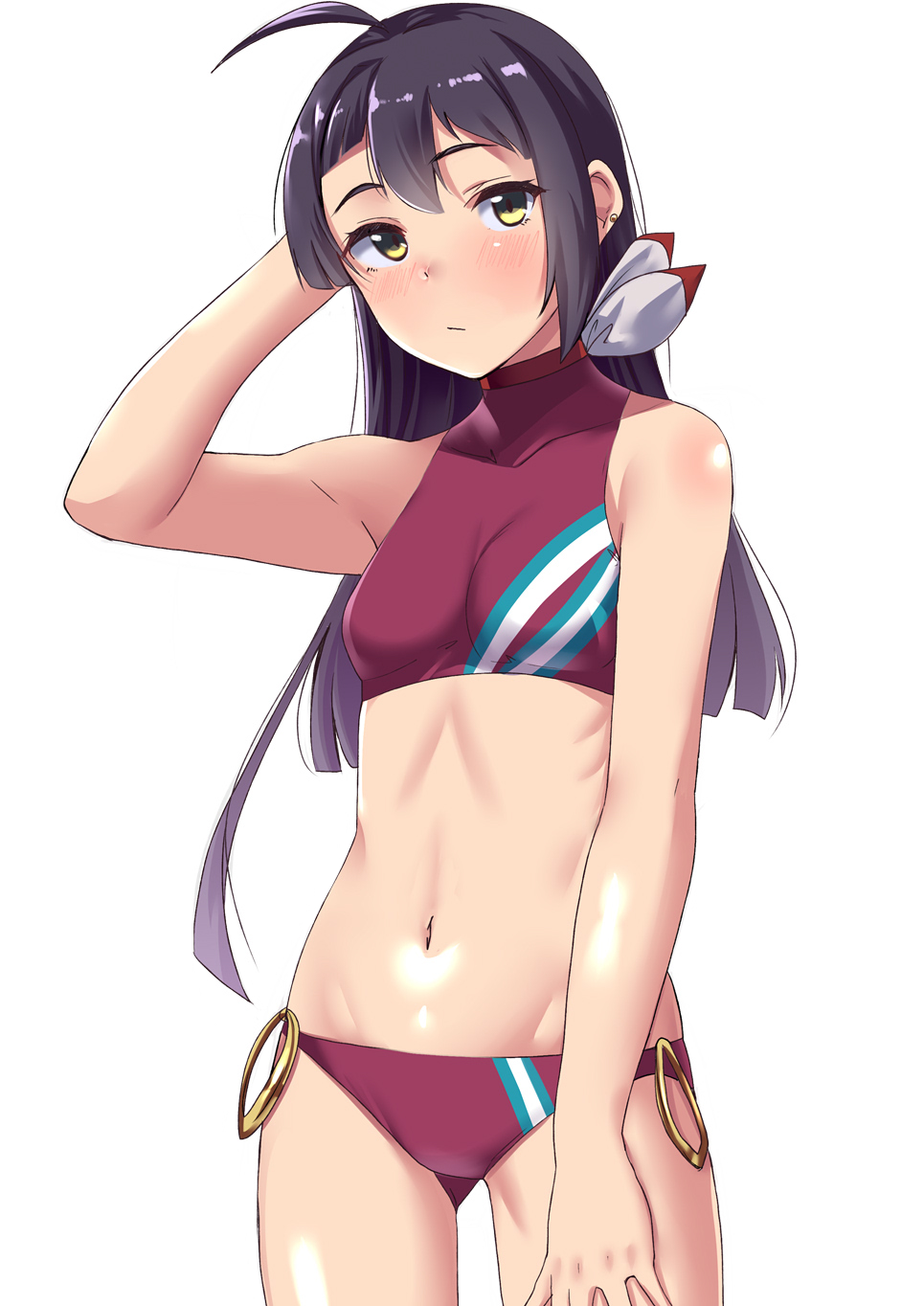 1girl ahoge bikini black_hair blush chirashi_(so) cowboy_shot fujinami_(kancolle) hair_ribbon highres kantai_collection long_hair navel purple_bikini ribbon shirt side_ponytail simple_background smile solo sports_bikini swimsuit white_background yellow_eyes