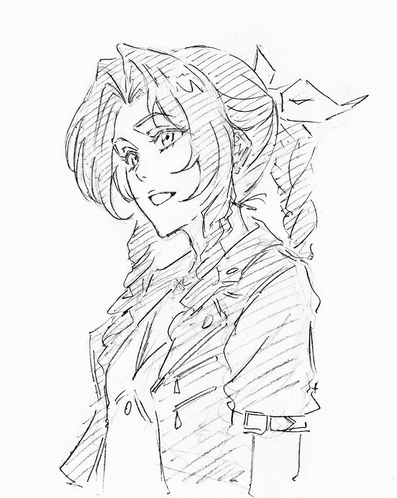 1girl aerith_gainsborough braid braided_ponytail breasts cropped_jacket final_fantasy final_fantasy_vii final_fantasy_vii_rebirth final_fantasy_vii_remake greyscale hair_ribbon kubo_tite_(style) lineart long_hair looking_to_the_side medium_breasts monochrome open_mouth parted_bangs rakusakugk ribbon short_sleeves sidelocks single_braid smile solo upper_body white_background