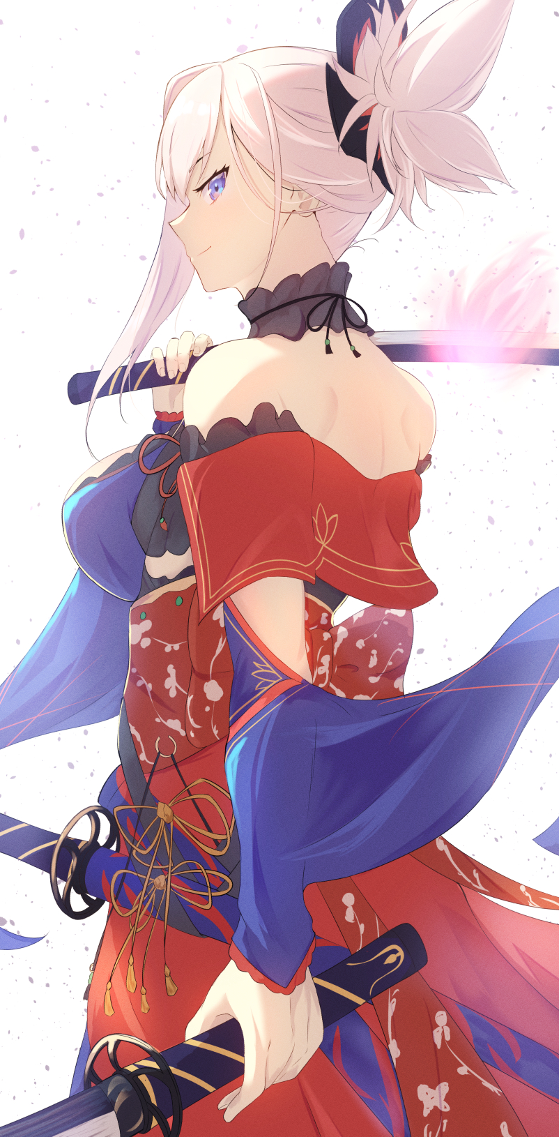 1girl blue_eyes breasts detached_sleeves dual_wielding fate/grand_order fate_(series) from_side glowing glowing_sword glowing_weapon highres holding holding_sword holding_weapon katana large_breasts miyamoto_musashi_(fate) over_shoulder pink_hair sheath smile sword umi_endu weapon weapon_over_shoulder wide_sleeves