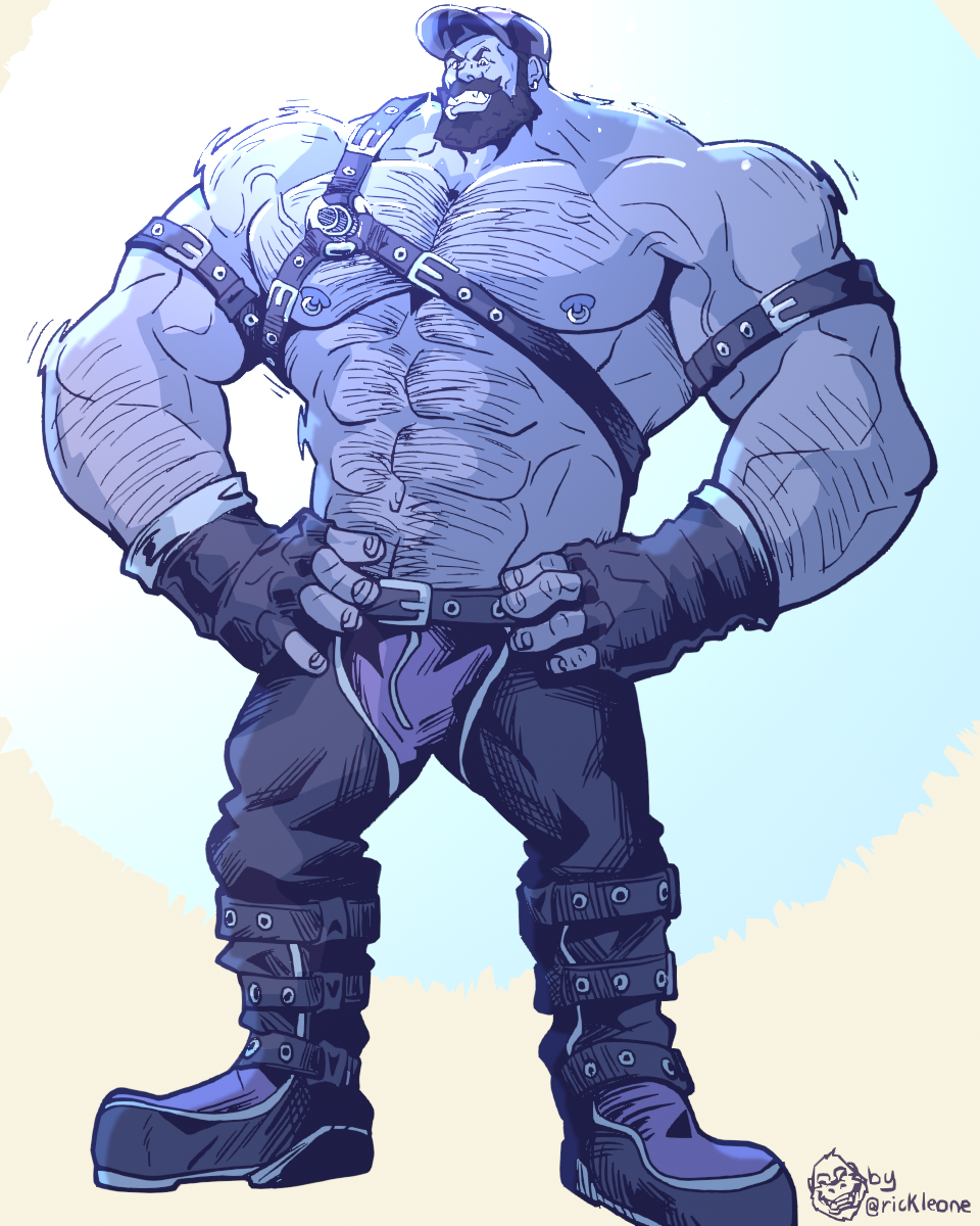 ballcap beard blue_body blue_skin boots chaps clothing facial_hair footwear growth hairy hi_res himbo leather male muscle_growth muscular muscular_male orc rickleone