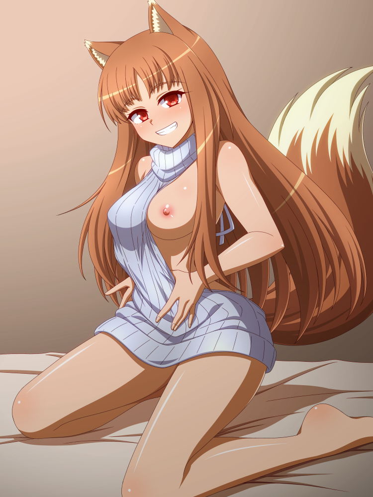 1girl \||/ animal_ear_fluff animal_ears areola_slip bare_arms bare_shoulders blush breasts colored_eyelashes commentary_request commission fang floating_hair grey_sweater grin holo indoors knees_out_of_frame light_brown_background long_hair looking_at_viewer medium_breasts meme_attire nipples on_bed one_breast_out paid_reward_available parted_bangs pixiv_commission presenting_breasts red_eyes ribbed_sweater seductive_smile shiny_skin simple_background sitting sleeveless sleeveless_sweater smile solo spice_and_wolf straight_hair sweater tail tail_raised thighs turtleneck turtleneck_sweater very_long_hair virgin_killer_sweater wariza wolf_ears wolf_girl wolf_tail zetsumu