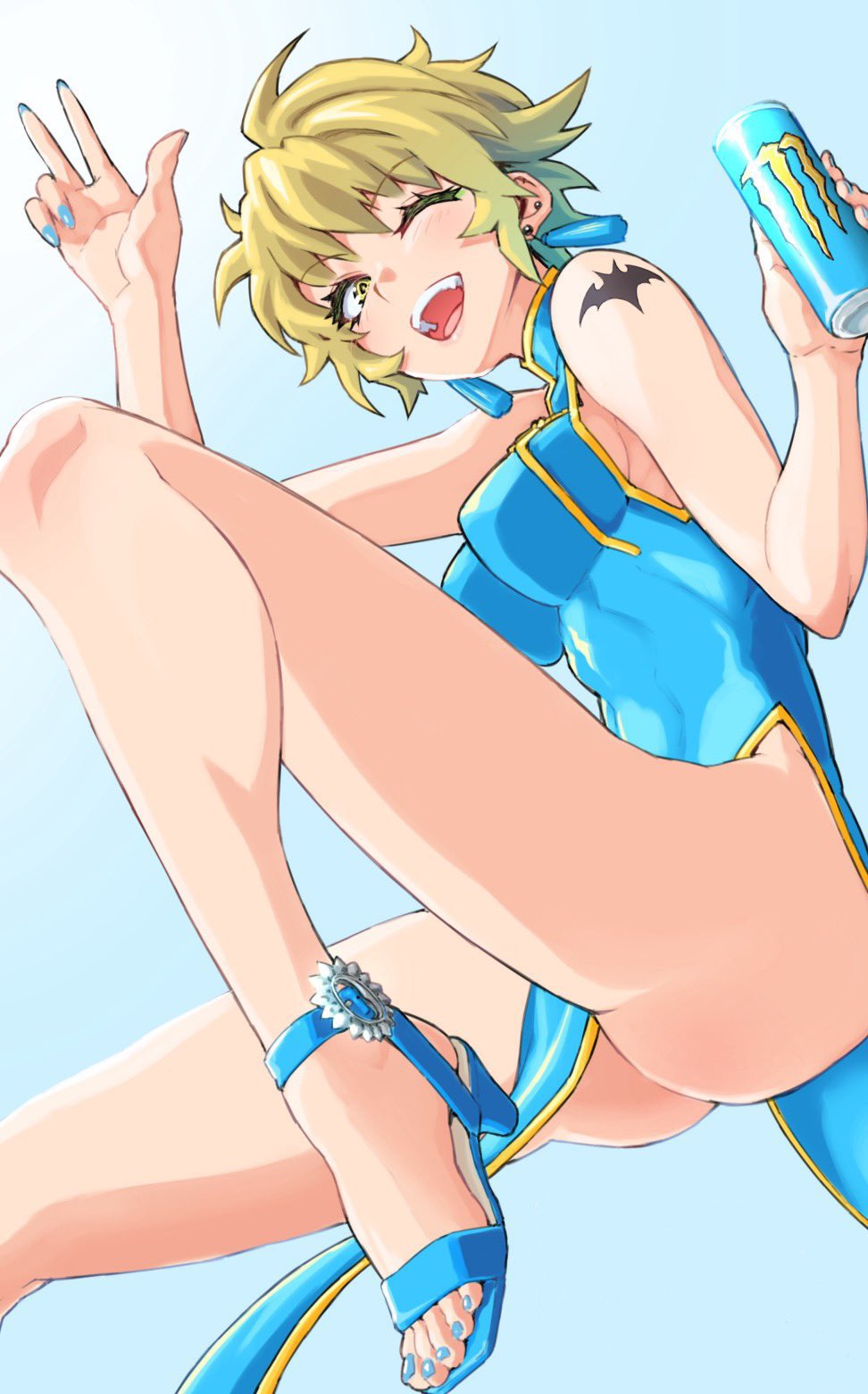 1girl arm_up ass bare_legs bare_shoulders blonde_hair blue_background blue_dress blue_footwear blue_nails breasts can character_request china_dress chinese_clothes copyright_request dangle_earrings dress ear_piercing earrings eyelashes feet foot_out_of_frame hand_up highres holding holding_can hori_shin impossible_clothes impossible_dress jewelry knee_up large_breasts legs looking_at_viewer nail_polish one_eye_closed pelvic_curtain piercing shadow solo strappy_heels teeth thighs toenail_polish toenails toes upper_teeth_only w yellow_eyes