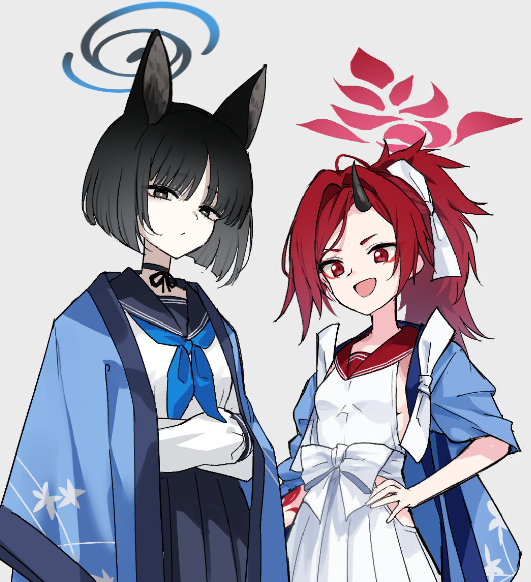 1girl 2girls animal_ears black_hair black_horns blue_archive blush breasts dragon_tail halo horns japanese_clothes kikyou_(blue_archive) long_hair looking_at_viewer makeup multiple_girls osisio pleated_skirt ponytail red_eyes red_hair red_sailor_collar renge_(blue_archive) sailor_collar school_uniform sideless_shirt single_horn skirt small_breasts spiked_hair straight_hair tail white_skirt