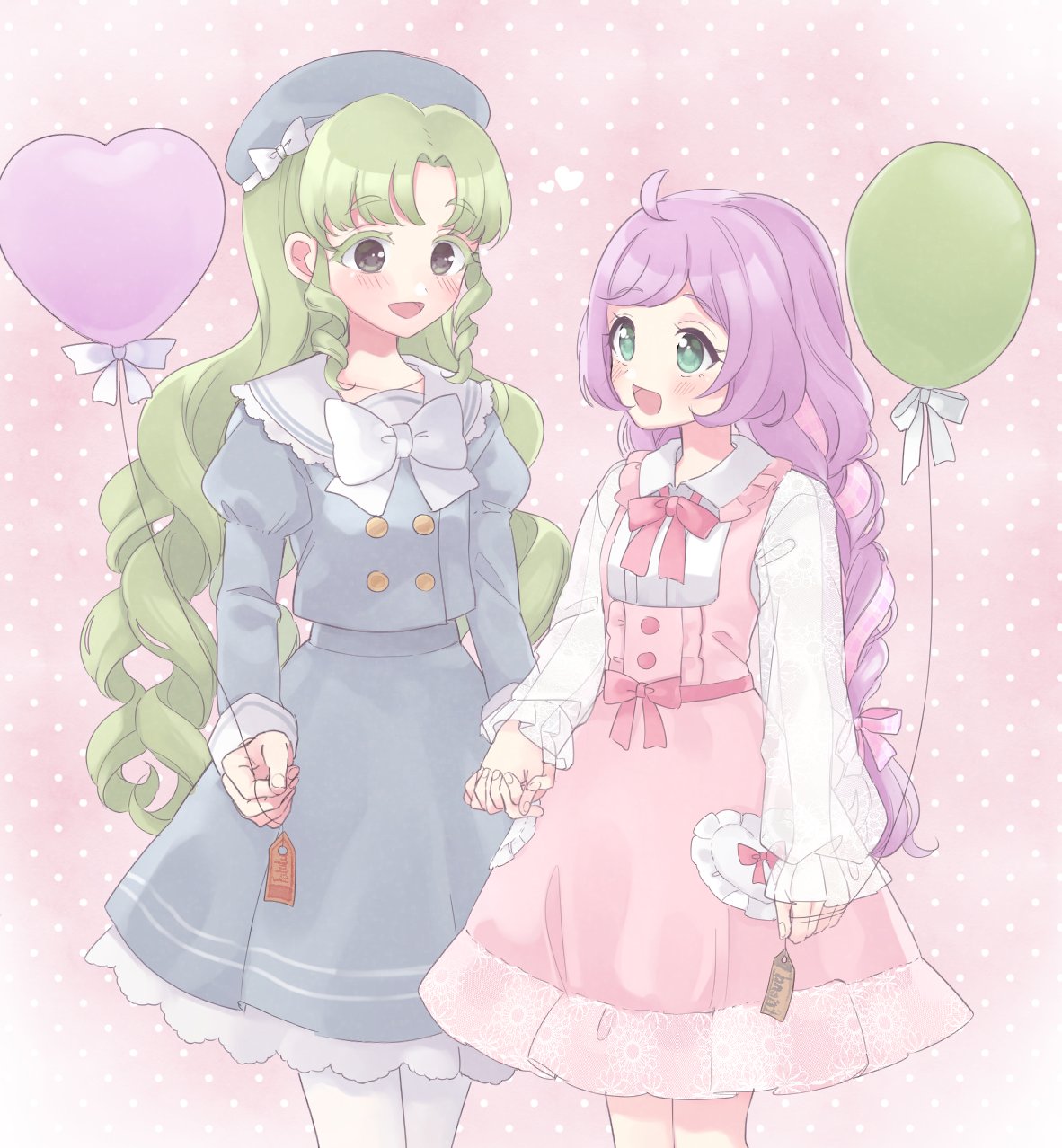 2girls :d bad_id bad_twitter_id balloon beret blue_dress braid collared_dress collared_shirt colored_eyelashes commentary_request dress falulu falulu_(awakened) green_eyes green_hair grey_eyes hair_down hat heart_balloon highres holding holding_balloon holding_hands inactive_account long_hair long_sleeves looking_at_another manaka_laala multiple_girls neck_ribbon open_mouth parted_bangs pink_dress pink_ribbon pretty_series pripara puffy_sleeves purple_hair ribbon shirt shiyurinpu sidelocks smile standing twin_braids very_long_hair white_shirt