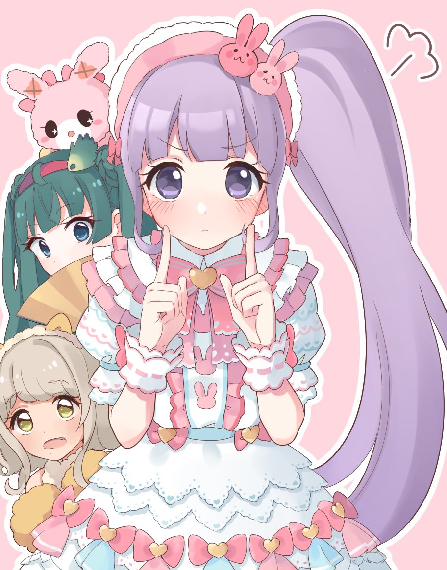 3girls animal_ear_hairband animal_ears blue_eyes blunt_bangs brown_hair cat_ear_hairband cat_ears closed_mouth cowboy_shot dress fake_animal_ears feathers fingers_to_cheeks green_hair hairband hands_up idol_clothes index_fingers_raised lolita_fashion long_hair looking_at_viewer manaka_non mascot multiple_girls open_mouth peeking_out pink_background pretty_series pripara puff_of_air puffy_short_sleeves puffy_sleeves purple_eyes purple_hair red_hairband shiyurinpu short_hair short_sleeves side_ponytail standing stuffed_animal stuffed_rabbit stuffed_toy sweet_lolita taiyo_pepper tsukikawa_chili two_side_up usacha very_long_hair white_dress wrist_cuffs