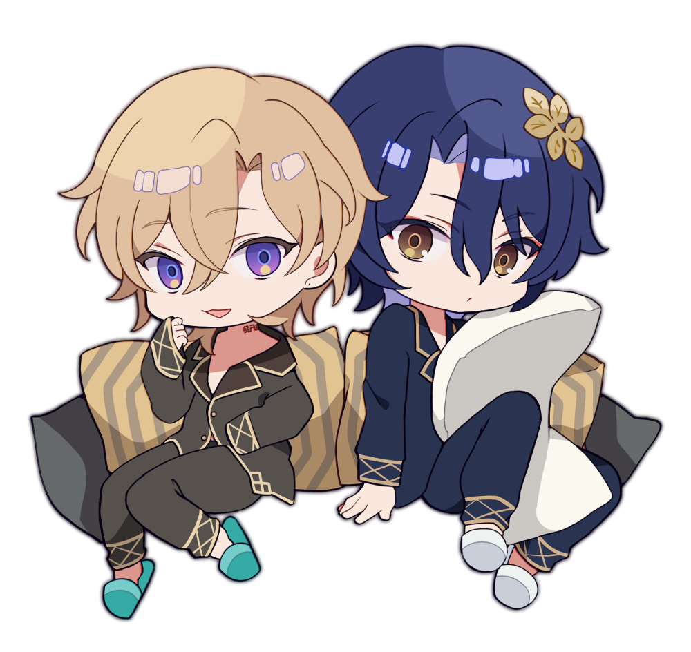 2boys aventurine_(honkai:_star_rail) black_pajamas blonde_hair blue_hair blue_pajamas chibi dr._ratio_(honkai:_star_rail) hair_between_eyes hair_ornament honkai:_star_rail honkai_(series) long_sleeves male_focus multiple_boys official_alternate_costume open_mouth pajamas pillow short_hair simple_background slippers smile sweet_love4s white_background