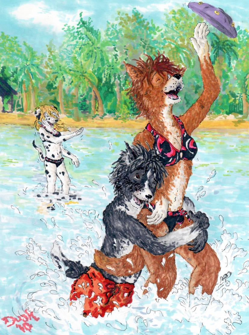 anthro beach canid canine canis clothing collie dalmatian domestic_dog female frisbee group herding_dog invalid_tag laugh male male/female mammal pastoral_dog scoundrel_scaramouche sheepdog trio