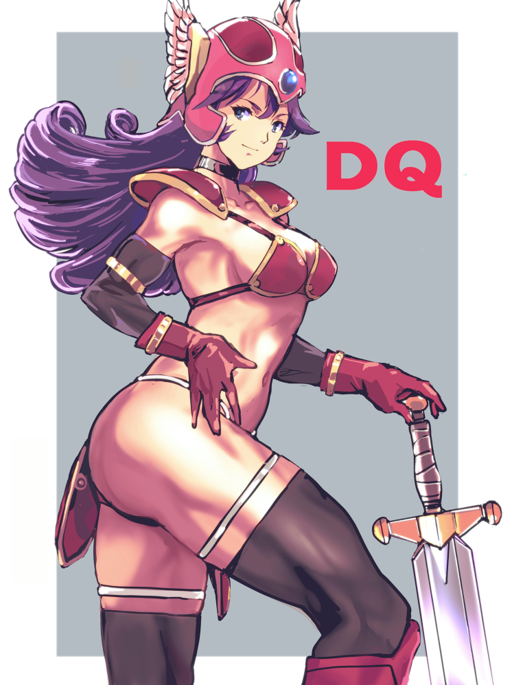 1girl armor armpits bare_shoulders bikini_armor blue_eyes boots breasts choker cleavage closed_mouth collarbone commentary_request cowboy_shot curly_hair dragon_quest dragon_quest_iii elbow_gloves from_side gloves helmet holding holding_sword holding_weapon kamisimo_90 large_breasts long_hair looking_at_viewer medium_breasts navel panties purple_hair red_armor red_gloves revealing_clothes smile soldier_(dq3) solo sword toned underwear warrior weapon winged_helmet