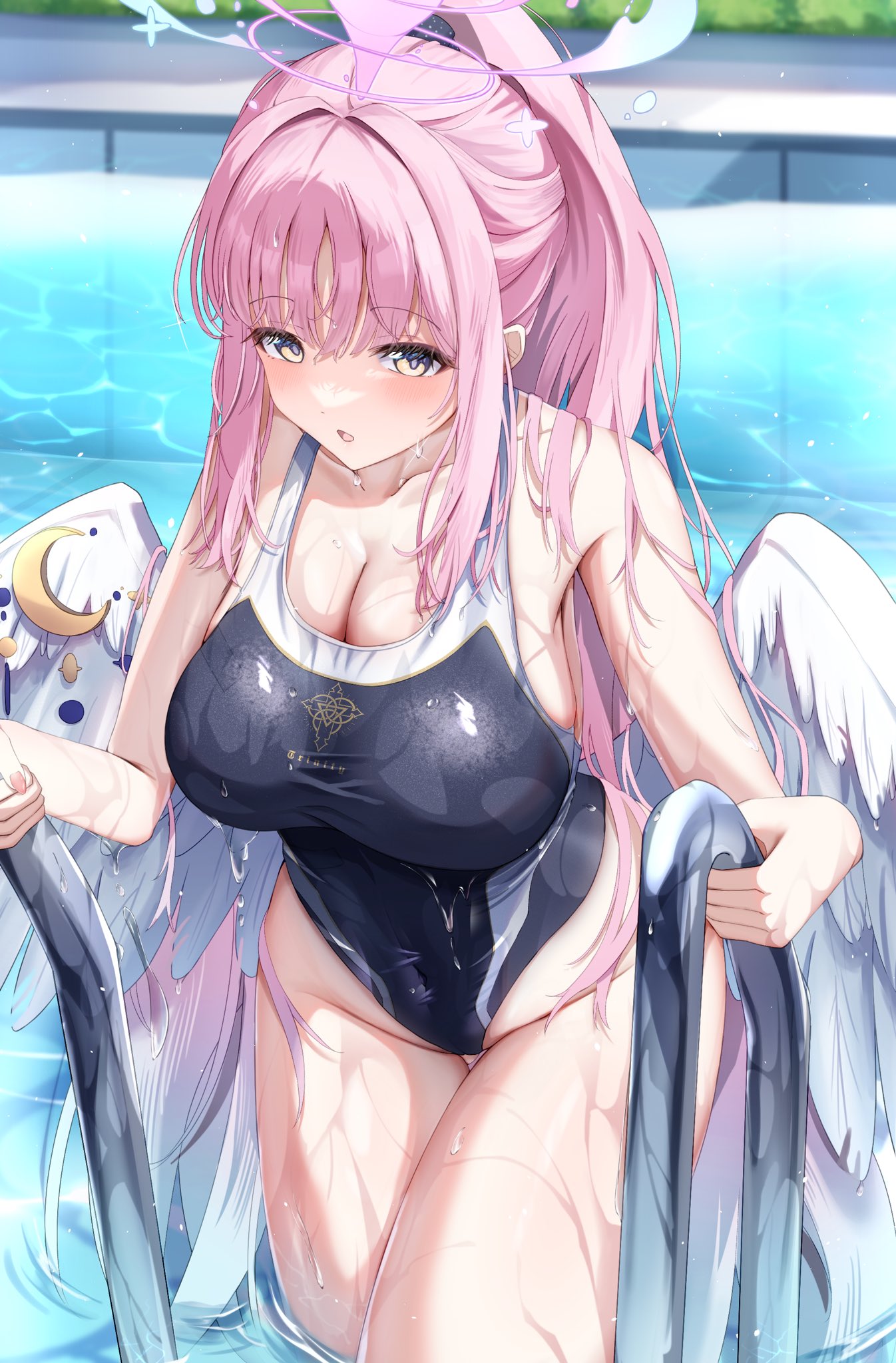 1girl angel_wings blush breasts climbing day enoha feathered_wings halo highres long_hair looking_at_viewer low_wings mika_(blue_archive) one-piece_swimsuit pink_hair pink_halo ponytail pool pool_ladder school_swimsuit solo swimsuit white_wings wing_ornament wings yellow_eyes