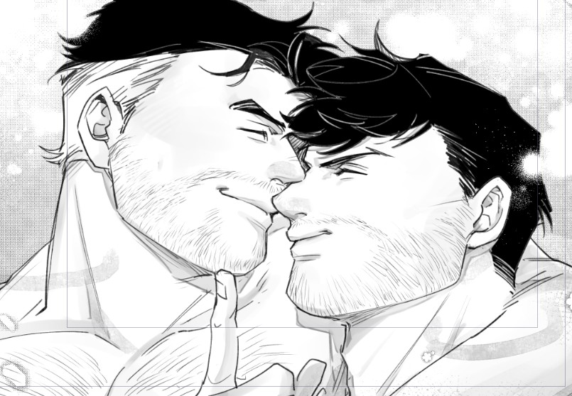 2boys adam's_apple bara beard_stubble bishie_sparkle bruce_wayne clark_kent couple dc_comics face-to-face facial_hair from_side gradient_hair greyscale happy male_focus mature_male monochrome multicolored_hair multiple_boys muscular muscular_male mustache_stubble pectorals profile smile sparse_chest_hair stubble thick_eyebrows thick_neck unfinished upper_body whoshibai_xianggua yaoi
