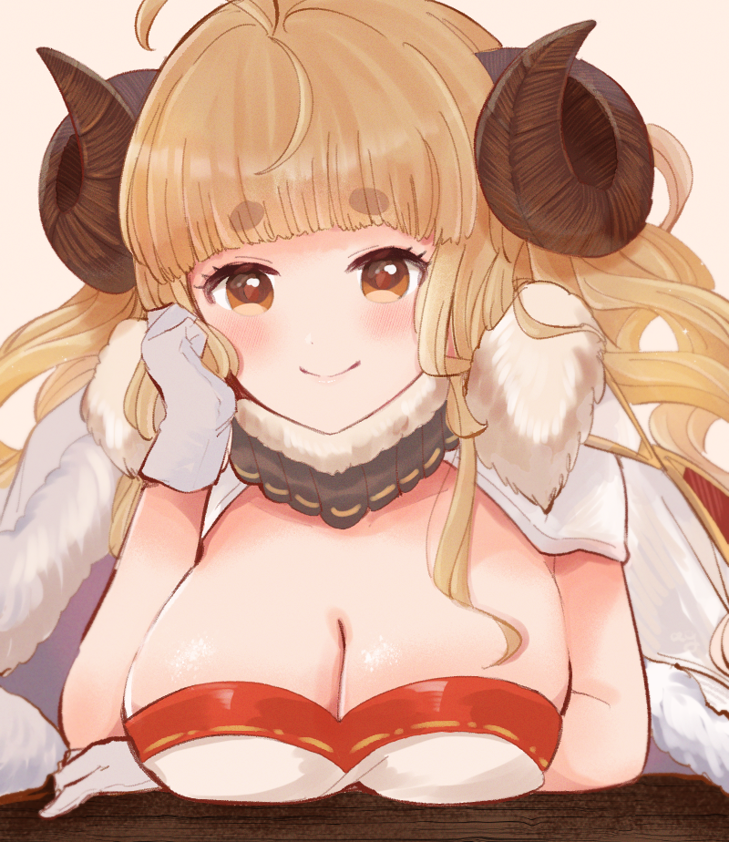 1girl anbaagu anila_(granblue_fantasy) arm_under_breasts blonde_hair breasts cape cleavage commentary_request fur_cape fur_collar gloves granblue_fantasy head_on_hand horns large_breasts looking_at_viewer orange_eyes solo thick_eyebrows white_gloves