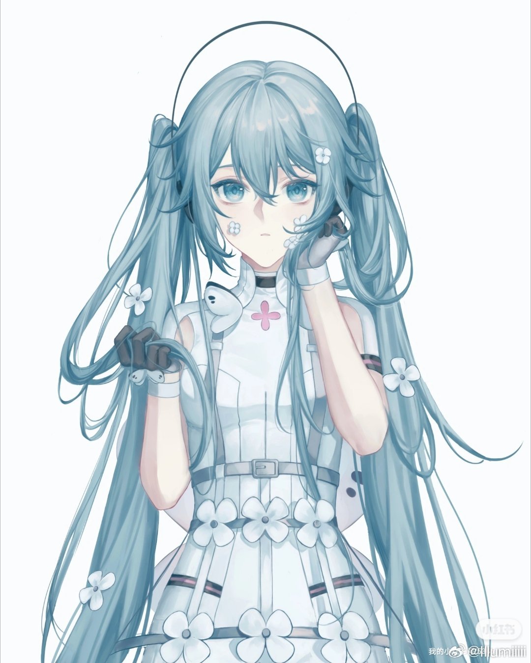 1girl black_gloves blue_eyes blue_hair bug butterfly dress expressionless flower flower_on_face gloves hair_flower hair_ornament hatsune_miku headphones highres long_hair looking_at_viewer murozaki_melody_(project_sekai) project_sekai simple_background solo twintails upper_body very_long_hair vocaloid white_background white_butterfly white_dress zciwhdiwjsisis