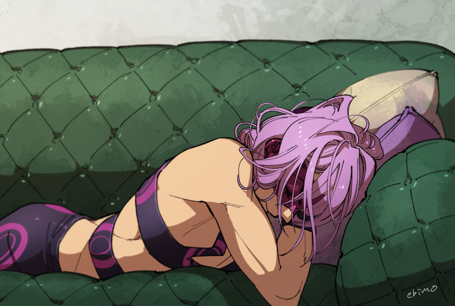 1boy closed_eyes closed_mouth couch cushion eye_mask jojo_no_kimyou_na_bouken lying male_focus medium_hair melone messy_hair mojisan_(ebimo) on_couch on_stomach purple_hair signature single_bare_shoulder sleeping solo upper_body