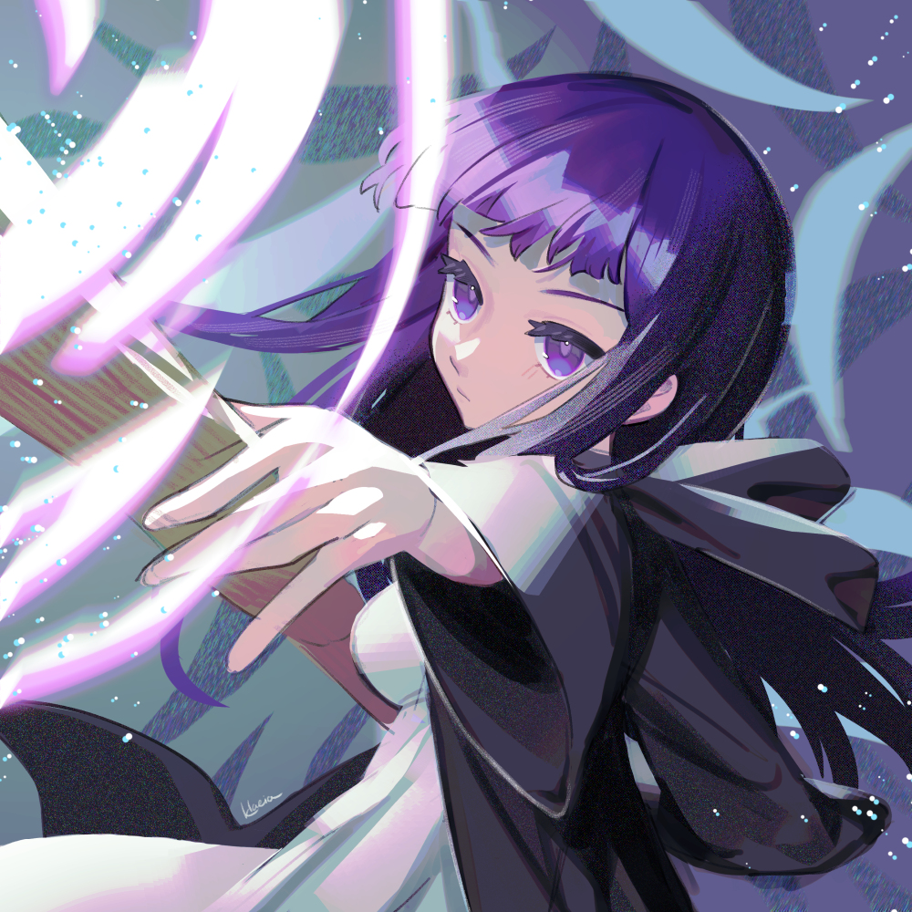 1girl :| \||/ breasts casting_spell closed_mouth dress english_commentary fern_(sousou_no_frieren) from_side grey_robe hand_up holding holding_staff hood hood_down klaeia light_particles long_hair long_sleeves mage_staff magic medium_breasts open_clothes open_robe purple_eyes purple_hair robe serious sidelocks solo sousou_no_frieren staff thick_eyelashes upper_body v-shaped_eyebrows white_dress wide_sleeves