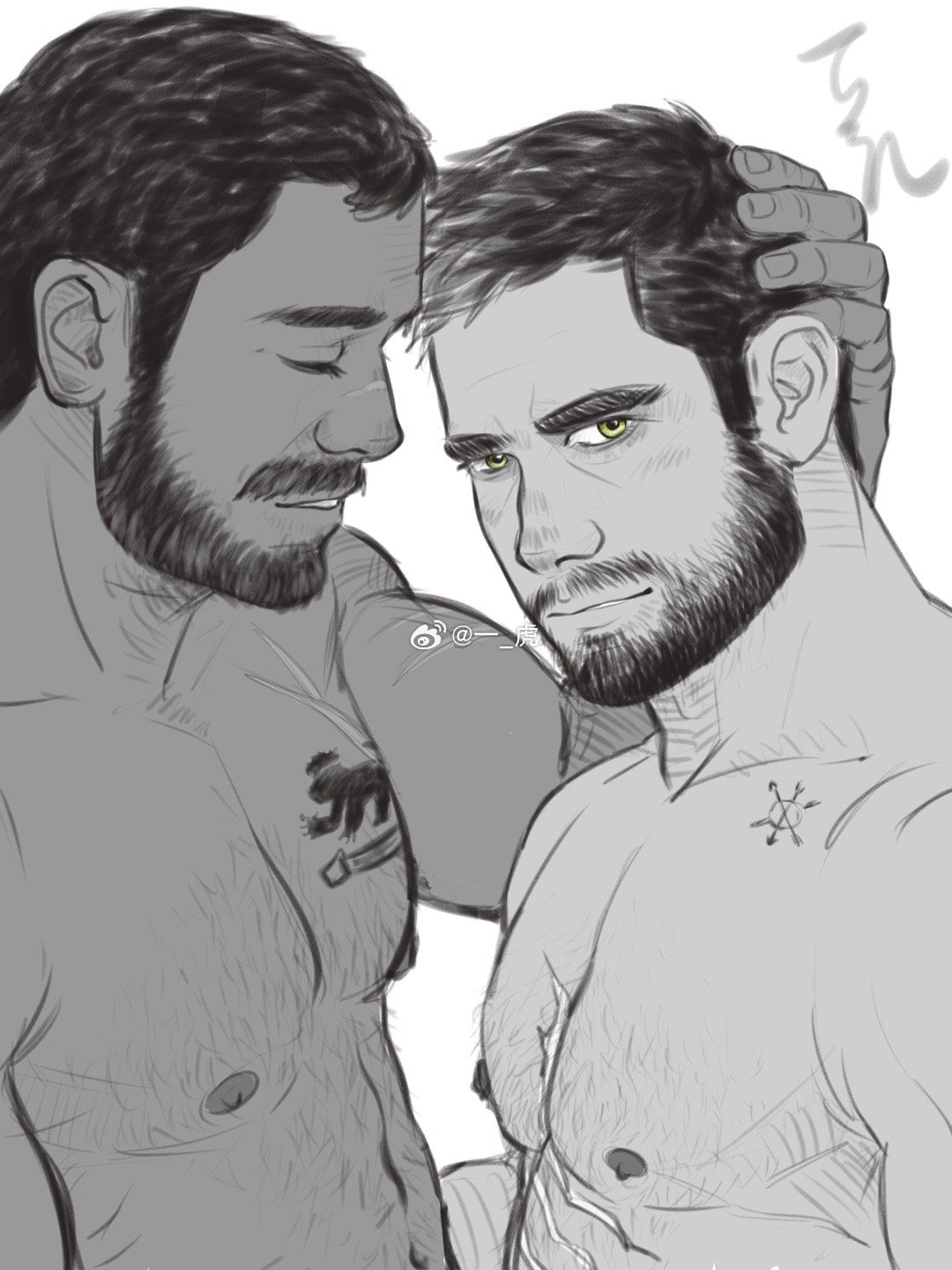 2boys bara beard dark-skinned_female dark_skin facial_hair from_side full_beard hand_on_another's_head heads_together highres looking_at_viewer male_focus mature_male multiple_boys muscular muscular_male nipples original pectorals scar scar_on_chest short_hair sparse_chest_hair thick_eyebrows tsurime upper_body yaoi yi_hu