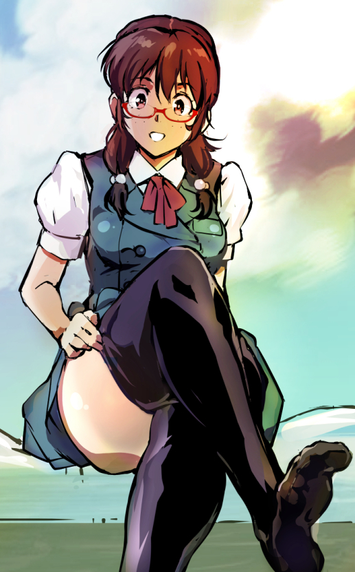 1girl brown_eyes brown_hair commentary_request crossed_legs day freckled_girl_(kamisimo_90) freckles glasses kamisimo_90 long_hair looking_at_viewer original pleated_skirt school_uniform shirt simple_background sitting skirt sky thighhighs twintails vest