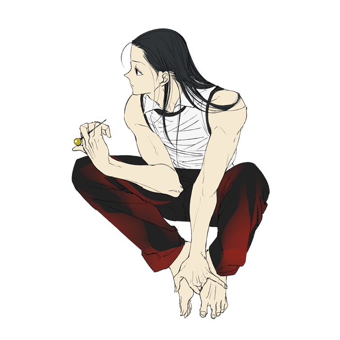 1boy bare_shoulders barefoot black_hair brown_pants closed_mouth expressionless full_body hand_on_own_foot hand_on_own_knee holding holding_weapon hunter_x_hunter illumi_zoldyck leaning_forward long_hair looking_to_the_side male_focus mojisan_(ebimo) pants shirt simple_background sitting solo vest weapon white_shirt white_vest