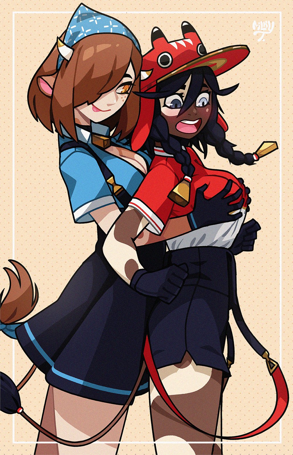 2girls animal_ears bell belle_(milkytiddyboy) bra brown_hair cow_ears cow_girl cow_horns cow_tail cowbell groping highres horns maple_(milkytiddyboy) medium_hair milkytiddyboy multiple_girls one_eye_covered original skirt suspender_skirt suspenders tagme tail underwear vitiligo yellow_eyes