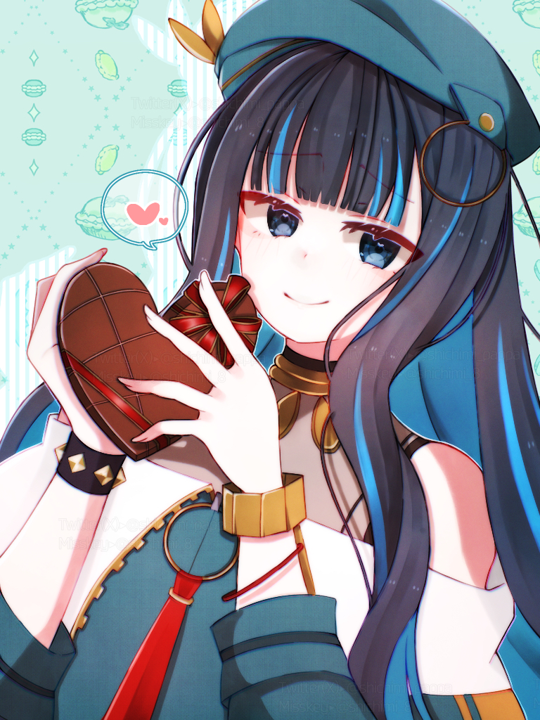 1girl bare_shoulders beret black_hair blue_hair bracelet candy chocolate colored_inner_hair fate/grand_order fate_(series) food grey_eyes hat heart heart-shaped_chocolate holding jacket jewelry long_hair multicolored_hair neck_ring smile solo tenochtitlan_(fate) tenochtitlan_(second_ascension)_(fate)