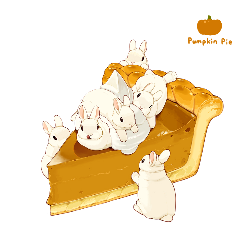 animal animal_focus black_eyes commentary_request dessert food food_focus lilac_(p-f_easy) looking_at_viewer no_humans original pumpkin pumpkin_pie rabbit simple_background tongue tongue_out whipped_cream white_background white_rabbit_(animal)