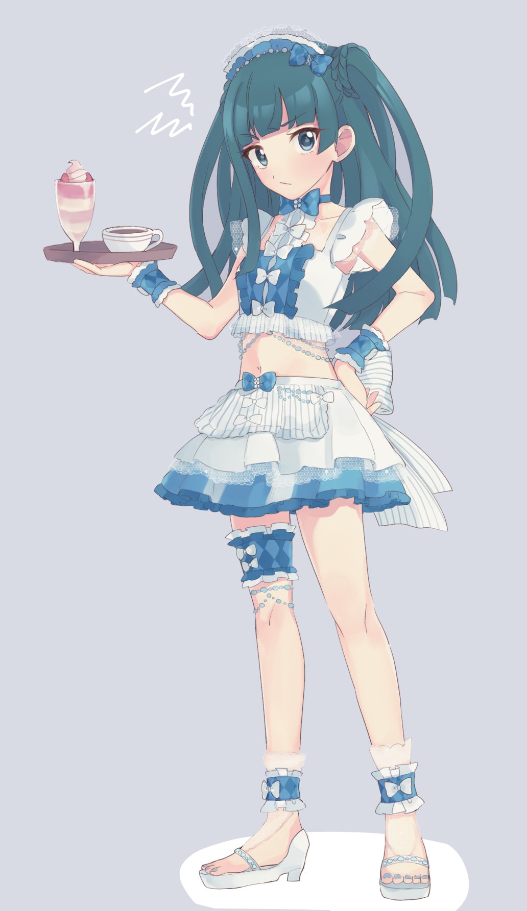 1girl ankle_cuffs apron bad_id bad_twitter_id blue_eyes blue_skirt blunt_bangs blunt_ends bow_choker center_frills closed_mouth coffee coffee_cup commentary_request crop_top cup disposable_cup frilled_cuffs frilled_skirt frills frown full_body green_hair grey_background hand_on_own_hip highres holding holding_tray inactive_account long_hair looking_at_viewer maid maid_headdress multicolored_clothes multicolored_skirt navel parfait platform_footwear pretty_series pripara sandals shiyurinpu simple_background skirt solo standing summer_maid_coord tray tsukikawa_chili two_side_up unconventional_maid waist_apron wrist_cuffs