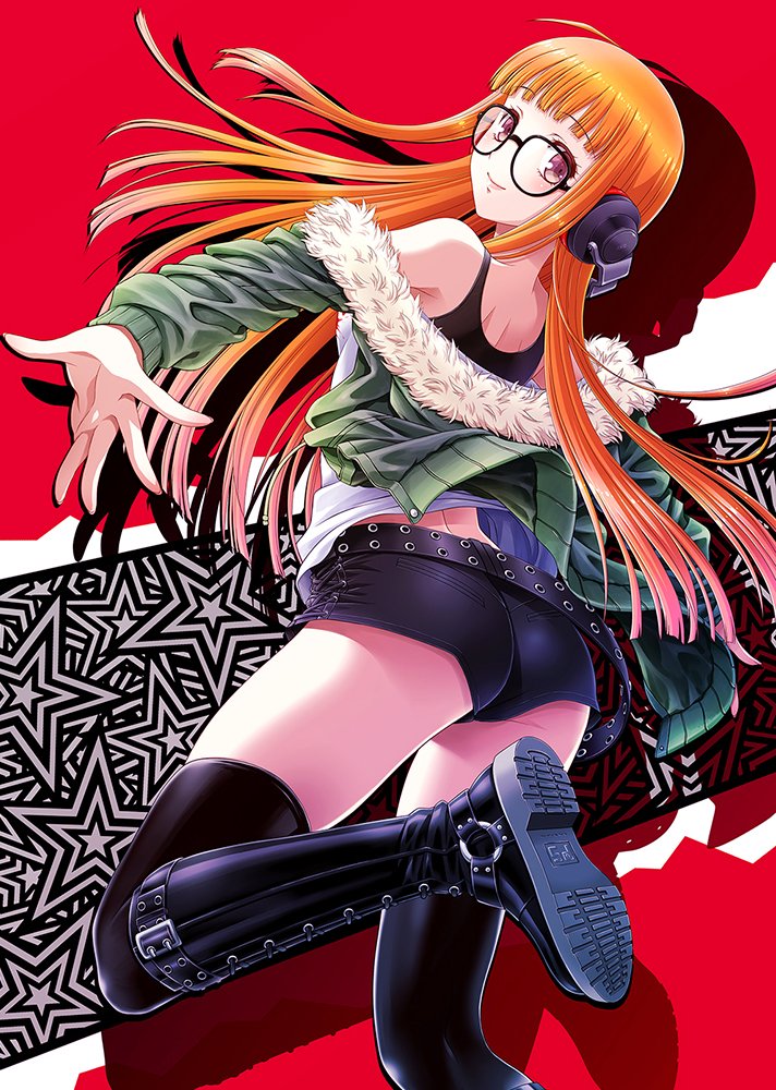 1girl ahoge ass bangs bare_shoulders belt black_belt black_footwear black_shorts black_tank_top black_thighhighs blunt_bangs boots closed_mouth commentary_request floating_hair fur-trimmed_jacket fur_trim glasses green_jacket headphones jacket kuroda_akimi long_hair looking_at_viewer off_shoulder open_hand orange_hair outstretched_arm persona persona_5 purple_eyes red_background sakura_futaba shadow shirt short_shorts shorts smile solo standing standing_on_one_leg starry_background tank_top thighhighs thighs white_shirt