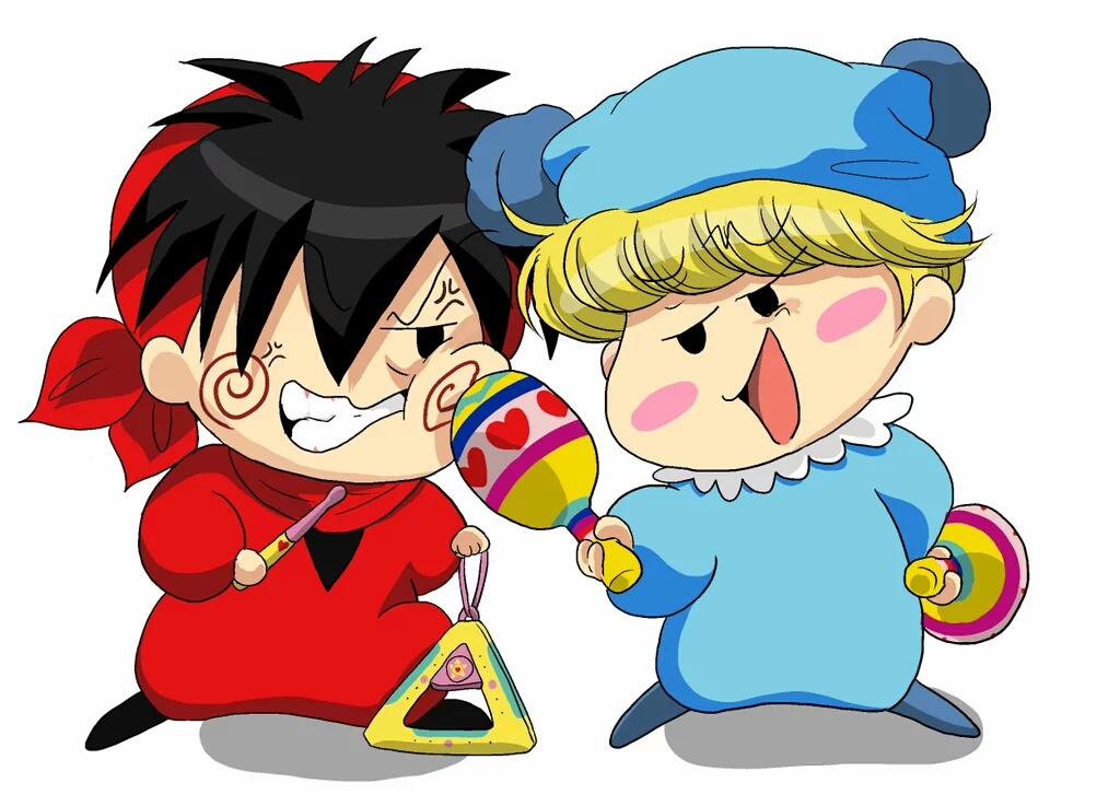 2boys anger_vein bandana black_hair blonde_hair blue_pajamas blush_stickers bodysuit clenched_teeth commentary_request grin hair_over_one_eye hat holding holding_instrument holding_maracas instrument looking_at_another maracas mini_person miniboy mirumo multiple_boys nightcap pajamas parumuttyo red_bandana red_bodysuit red_scarf scarf short_hair smile spiral_cheeks teeth triangle_(instrument) wagamama_fairy_mirumo_de_pon! white_background yashichi_(mirumo_de_pon!)