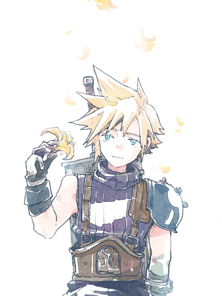 1boy aqua_eyes armor bandaged_arm bandages belt black_gloves blonde_hair blue_pants blue_shirt brown_belt closed_mouth cloud_strife falling_petals final_fantasy final_fantasy_vii final_fantasy_vii_rebirth final_fantasy_vii_remake flower gloves holding holding_flower light_smile lily_(flower) male_focus michibata_65 pants petals shirt short_hair shoulder_armor single_bare_shoulder single_shoulder_pad solo spiked_hair suspenders upper_body white_background yellow_flower yellow_petals