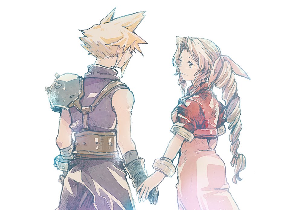 1boy 1girl aerith_gainsborough armor bandaged_arm bandages bangle belt black_gloves blonde_hair blue_pants blue_shirt bracelet braid braided_ponytail breasts brown_belt brown_hair cloud_strife couple cowboy_shot cropped_jacket dress final_fantasy final_fantasy_vii gloves green_eyes hair_ribbon hetero holding_hands jacket jewelry long_dress long_hair looking_at_another medium_breasts michibata_65 pants parted_bangs parted_lips pink_dress pink_ribbon puffy_short_sleeves puffy_sleeves red_jacket ribbon shirt short_hair short_sleeves shoulder_armor sidelocks single_bare_shoulder single_braid single_shoulder_pad sleeveless sleeveless_turtleneck smile spiked_hair suspenders turtleneck wavy_hair white_background