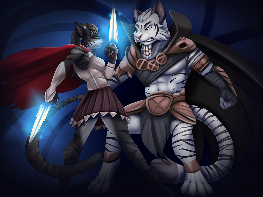 4:3 armor beard bethesda_softworks darkness duo facial_hair fantasy fantasy_weapon felid feline female fighting_pose fur howlrunner khajiit light male mammal oldoldman pose red_face_paint simple_background striped_body striped_fur stripes tail talaji-daro the_elder_scrolls