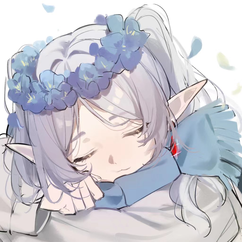 1girl blue_flower blue_scarf closed_eyes closed_mouth elf flower frieren grey_hair head_wreath long_hair long_sleeves parted_bangs pointy_ears scarf shishan979_(seleneebai) simple_background sketch sleeping solo sousou_no_frieren upper_body white_background