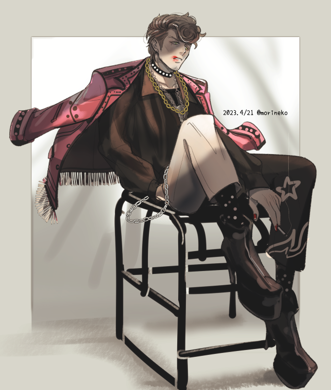 1boy amaguni_hitoya belt_chain black_footwear black_shirt blood blood_on_face boots brown_hair chain chain_necklace dated facial_hair full_body goatee_stubble grey_background high_heel_boots high_heels hypnosis_mic jacket jacket_on_shoulders jewelry long_sleeves looking_at_viewer male_focus necklace pants pompadour red_nails shirt shunkashuntou sitting solo stubble studded_choker yellow_background